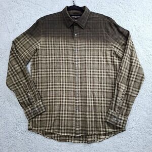 Michael Kors Men's Shirt Linen Blend Ombre Brown Plaid Slim-fit LongSleeve
